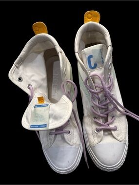NYC White High-Top Sneakers with Lavender Laces and Yellow Heel Tabs